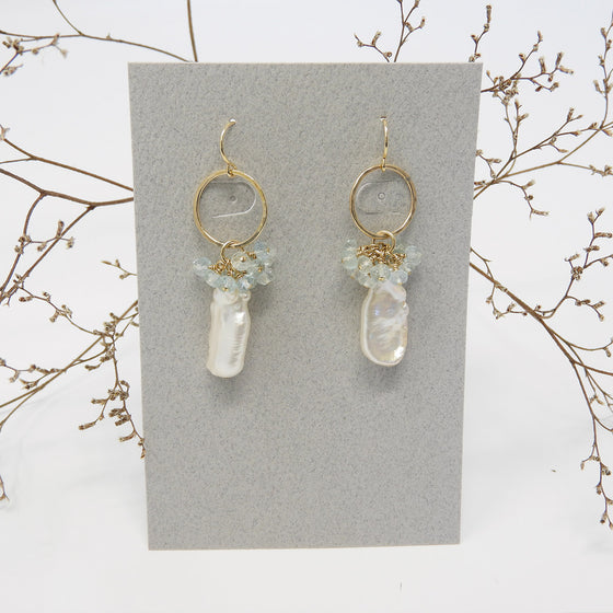 White Freshwater Pearls and Aquamarine Gemstone Earrings