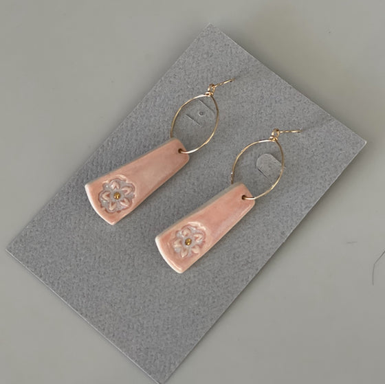 Light Pink Floral Embossed and Gold Ceramic Earrings