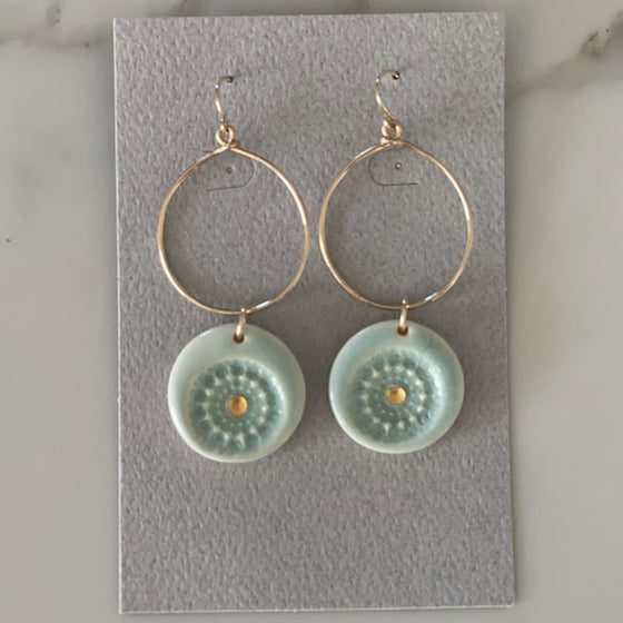 Light Blue Circle Embossed and Gold Ceramic Earrings