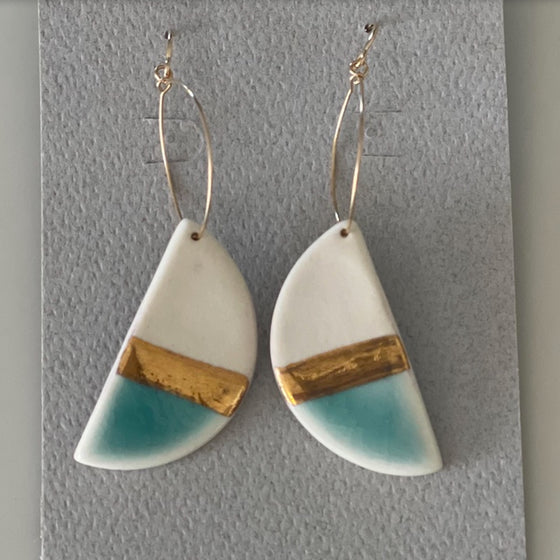 Light Blue Crescent and Gold Ceramic Earrings
